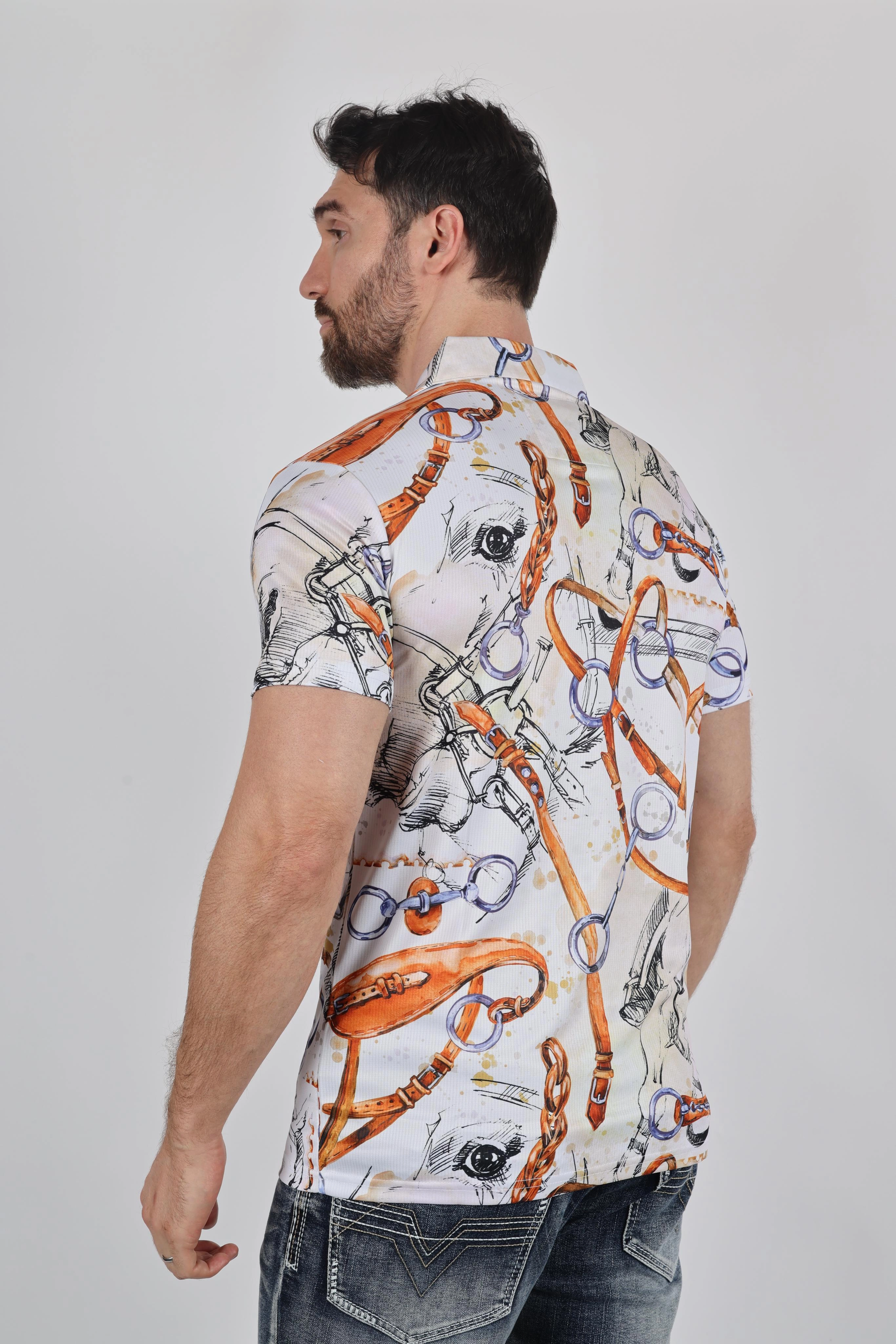 Mens Performance Fabric Modern Fit Stretch Rodeo Print Polos Four Button Placket