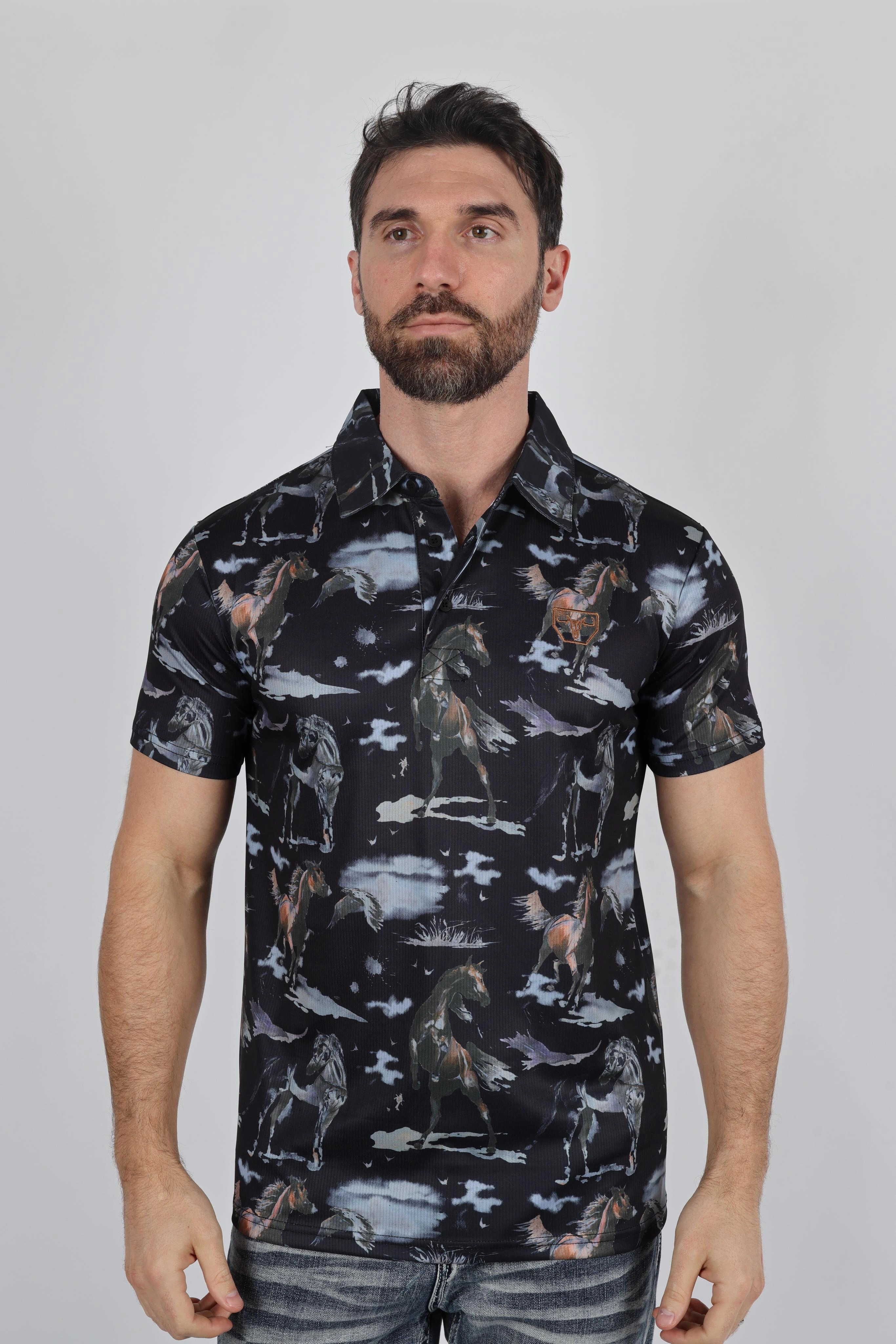 Mens Performance Fabric Modern Fit Stretch Rodeo Print Polos Business Ready DoubleLayered Hem Binding