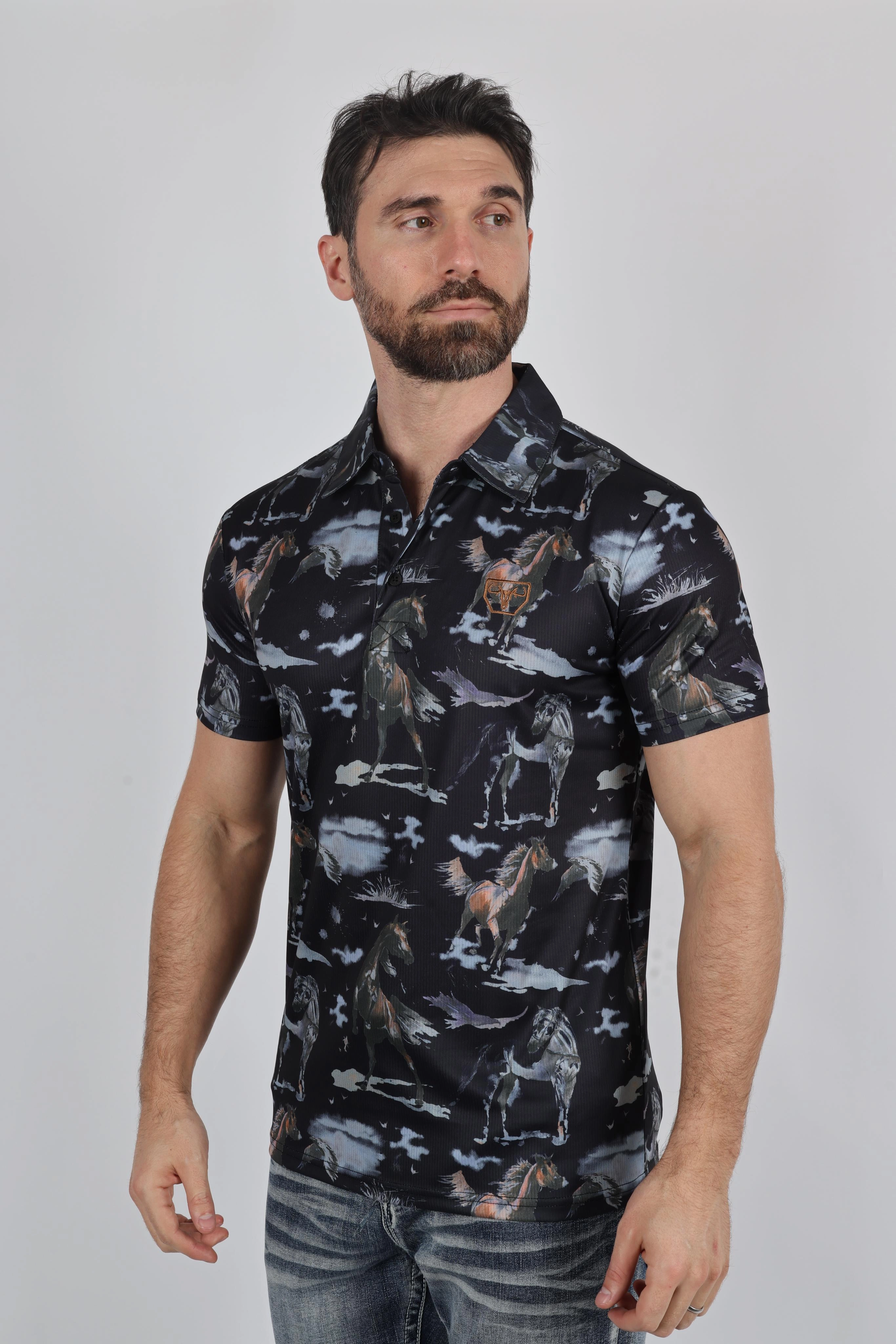 Sporty essentials Mens Performance Fabric Modern Fit Stretch Rodeo Print Polos