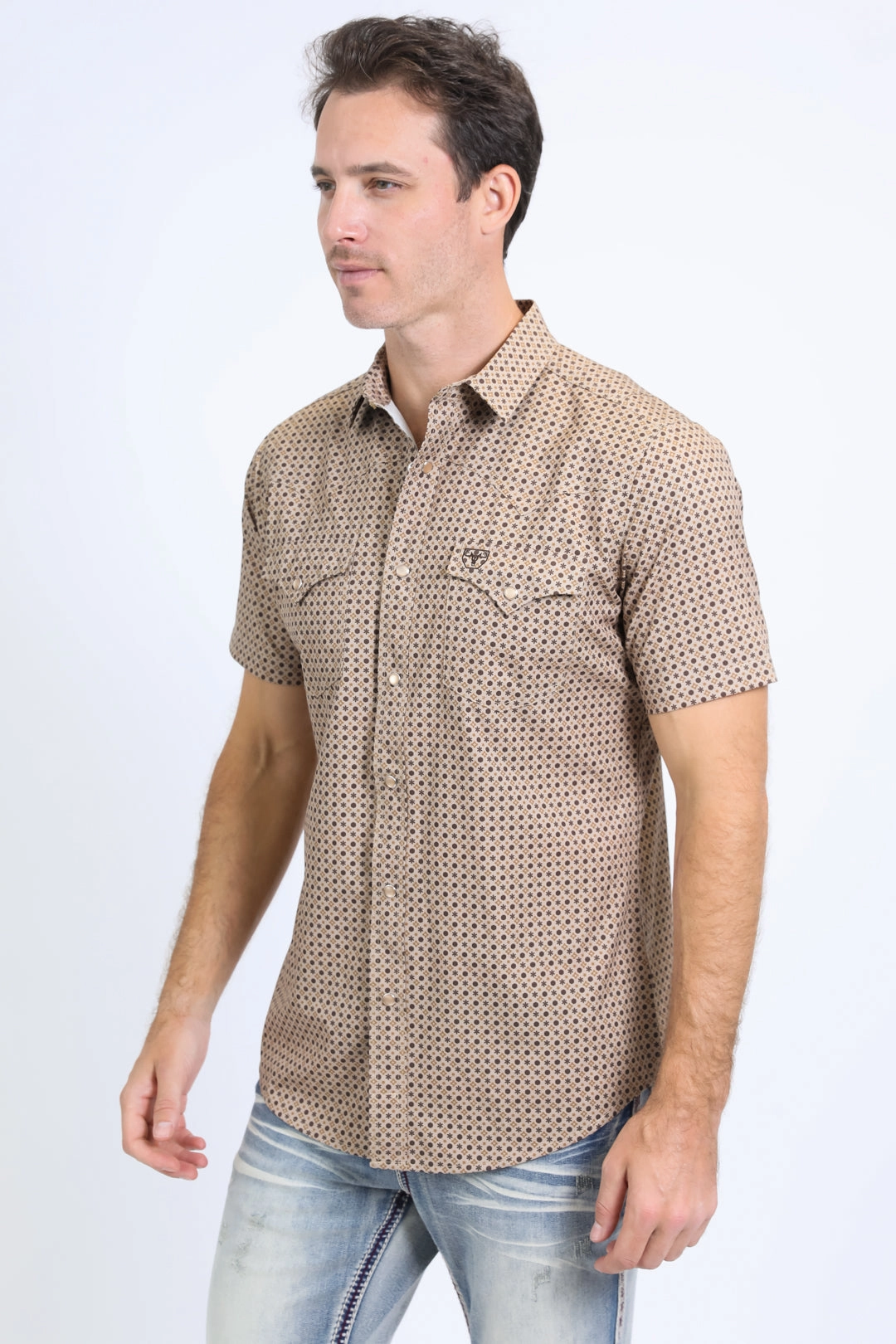 Mens Performance Western Short Sleeve Aztec Print Beige Shirt Smart Casual