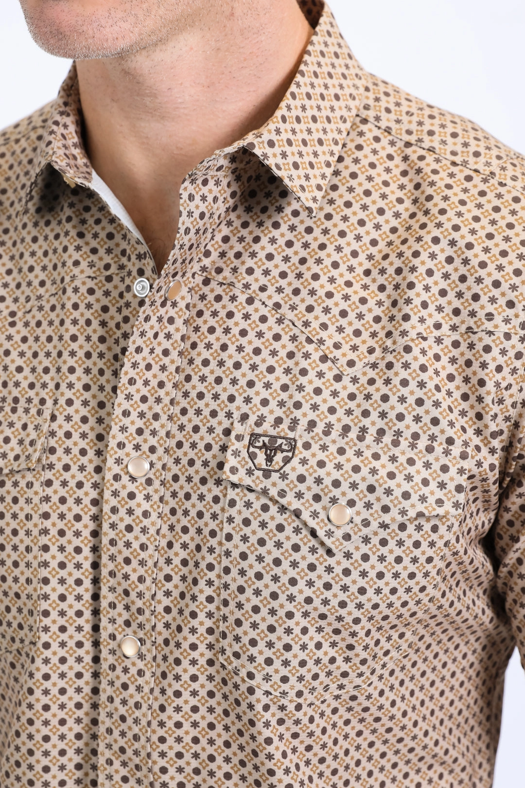 Mens Performance Western Short Sleeve Aztec Print Beige Shirt Gift Idea Casual Friday