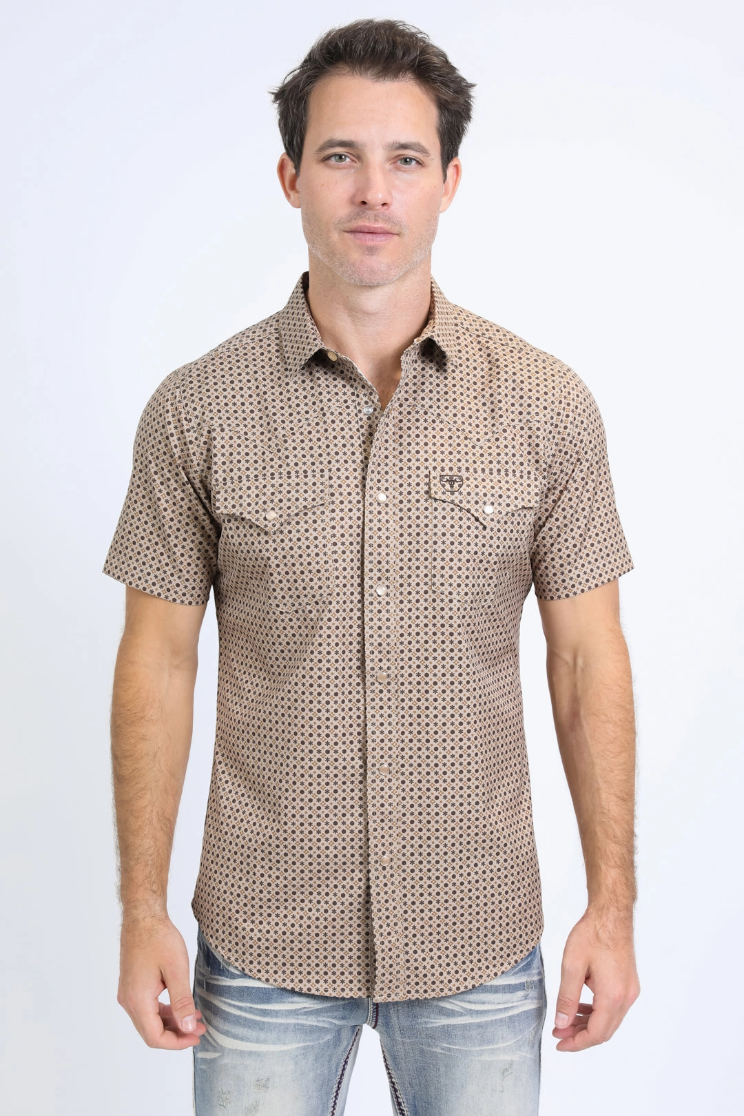 Mens Performance Western Short Sleeve Aztec Print Beige Shirt Fashion Comfort Street Style