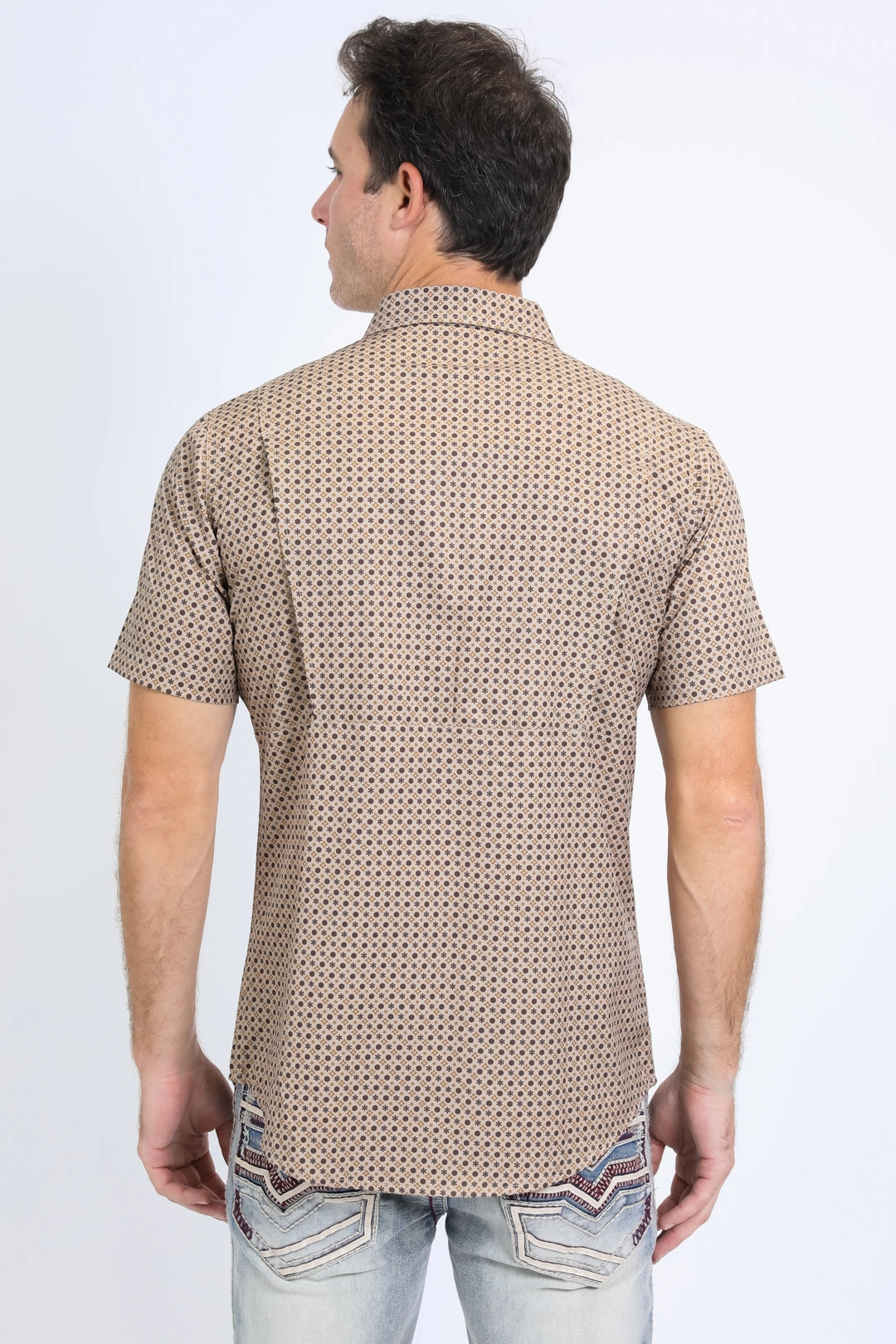 Friends Meetup decorative element Mens Performance Western Short Sleeve Aztec Print Beige Shirt