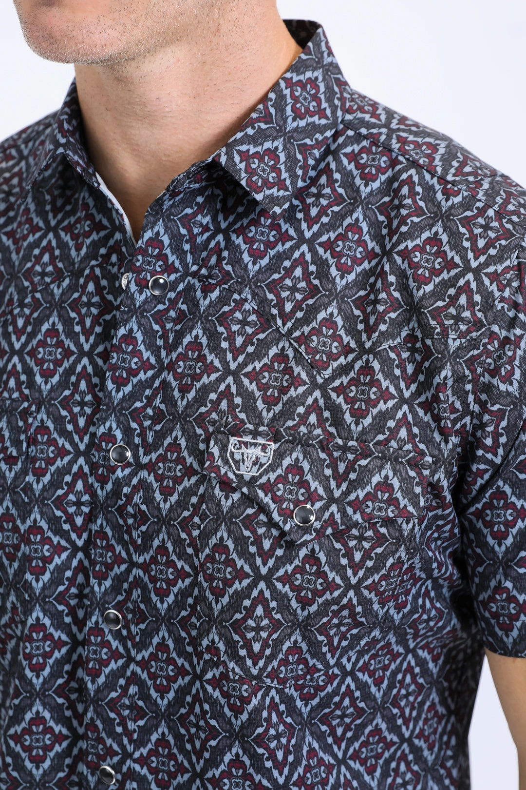 Mens Performance Western Short Sleeve Aztec Print Black/Burgundy Shirt Functional Comfort Flexible Placket Structure
