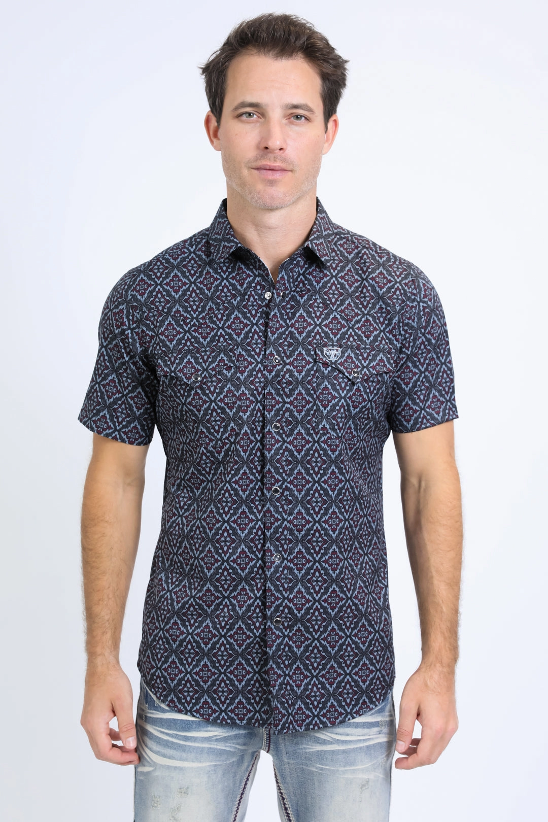 Mens Performance Western Short Sleeve Aztec Print Black/Burgundy Shirt Multi Pocket Utility