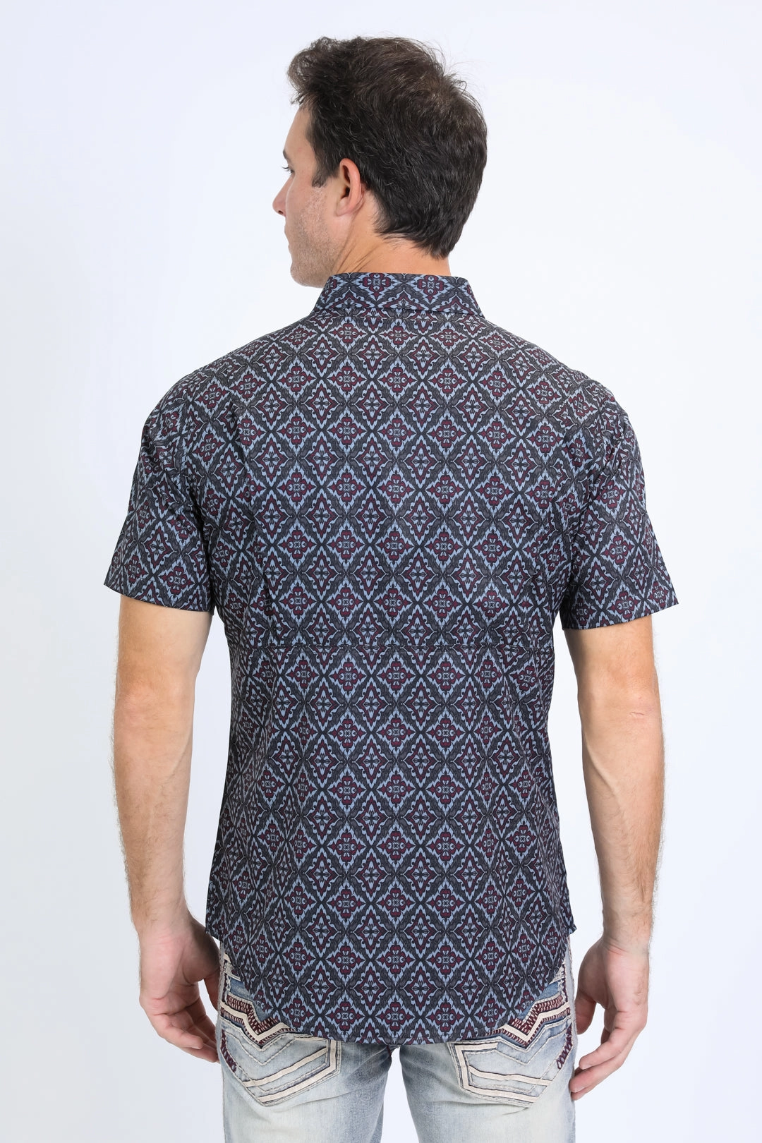 Mens Performance Western Short Sleeve Aztec Print Black/Burgundy Shirt Casual Wear Chic Ensemble
