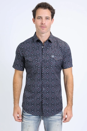Mens Performance Western Short Sleeve Aztec Print Black/Burgundy Shirt Multi Pocket Utility