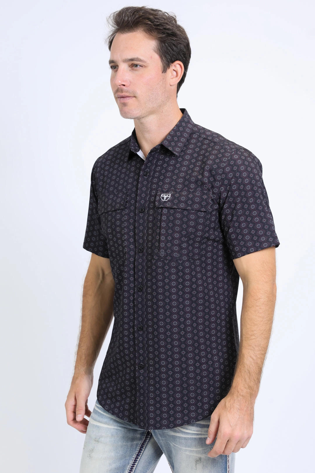 Mens Performance Western Short Sleeve Aztec Print Black Shirt Trendy Vibes