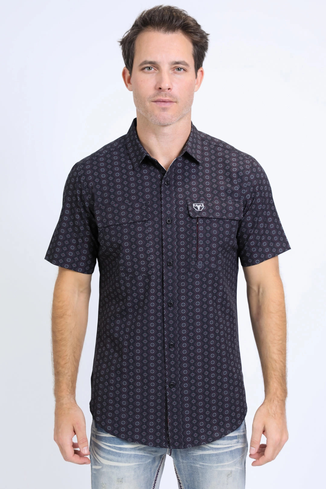 Refined Aesthetic Mens Performance Western Short Sleeve Aztec Print Black Shirt