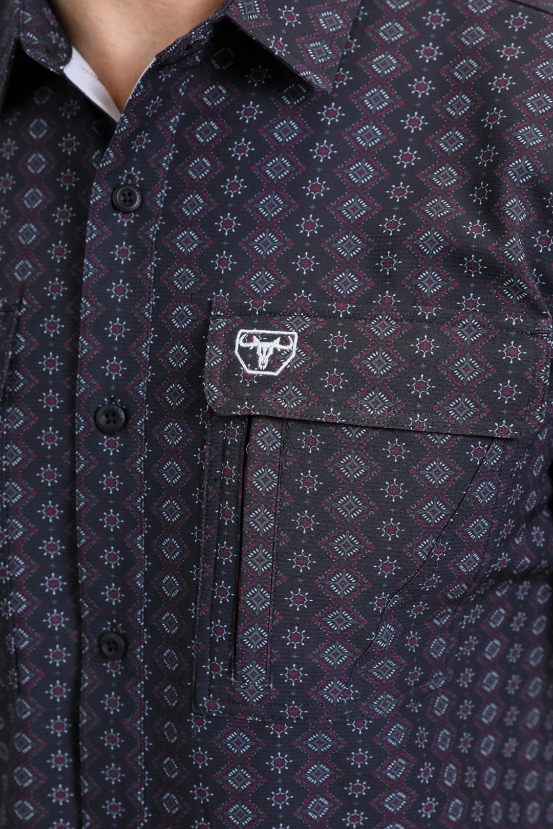 Mens Performance Western Short Sleeve Aztec Print Black Shirt Chic Layer Outdoor Adventure