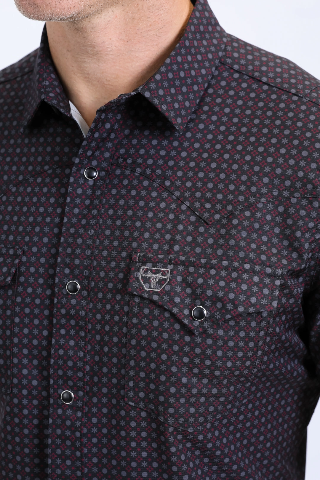 Mens Performance Western Short Sleeve Aztec Print Black Shirt Multipurpose Layering Fabric Tailored Cuffs