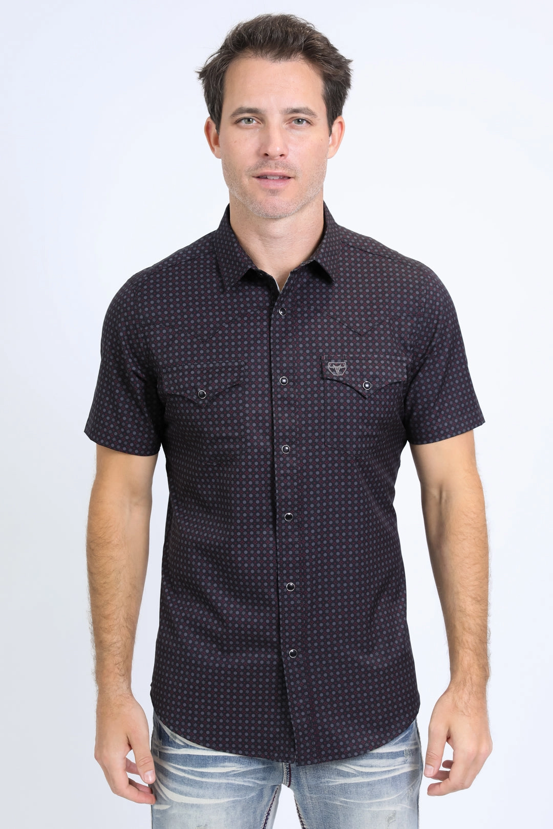 Mens Performance Western Short Sleeve Aztec Print Black Shirt Cocktail Event