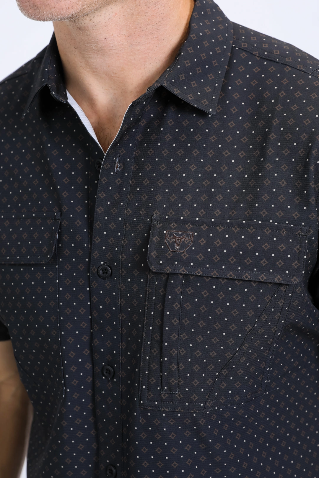 Mens Performance Western Short Sleeve Aztec Print Black Shirt Distressed finish Unisex Option