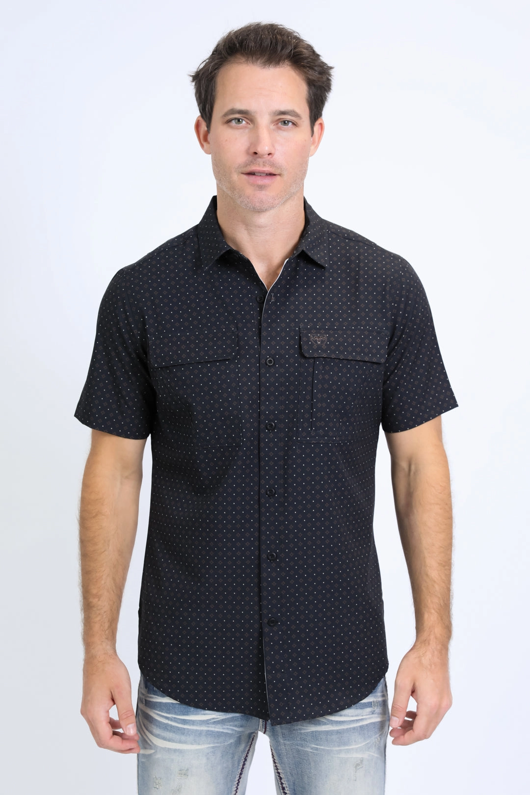 Mens Performance Western Short Sleeve Aztec Print Black Shirt Flexible Placket Structure Eco friendly materials