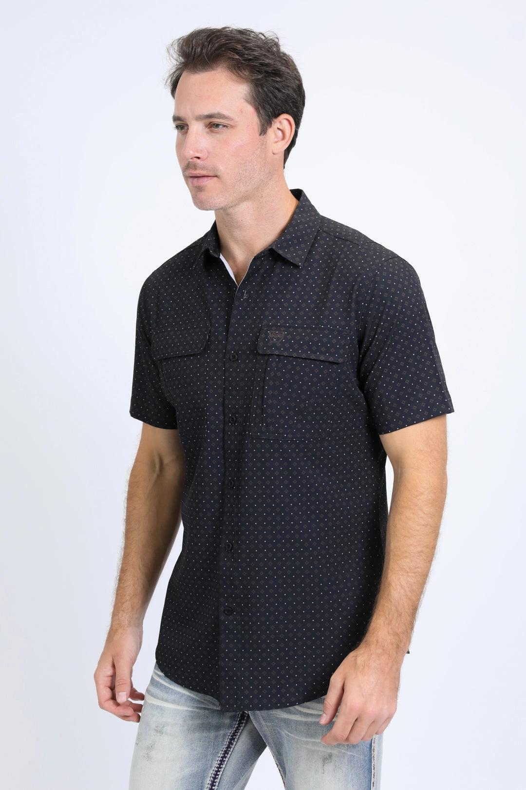 Mens Performance Western Short Sleeve Aztec Print Black Shirt Casual Chic Layered Sleeve Cuffs