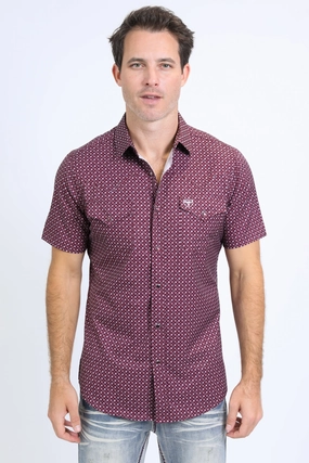 Checkered Print Mens Performance Western Short Sleeve Aztec Print Burgundy Shirt