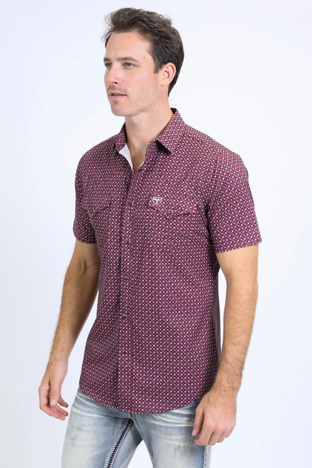 Mens Performance Western Short Sleeve Aztec Print Burgundy Shirt Moisture Wicking Layer