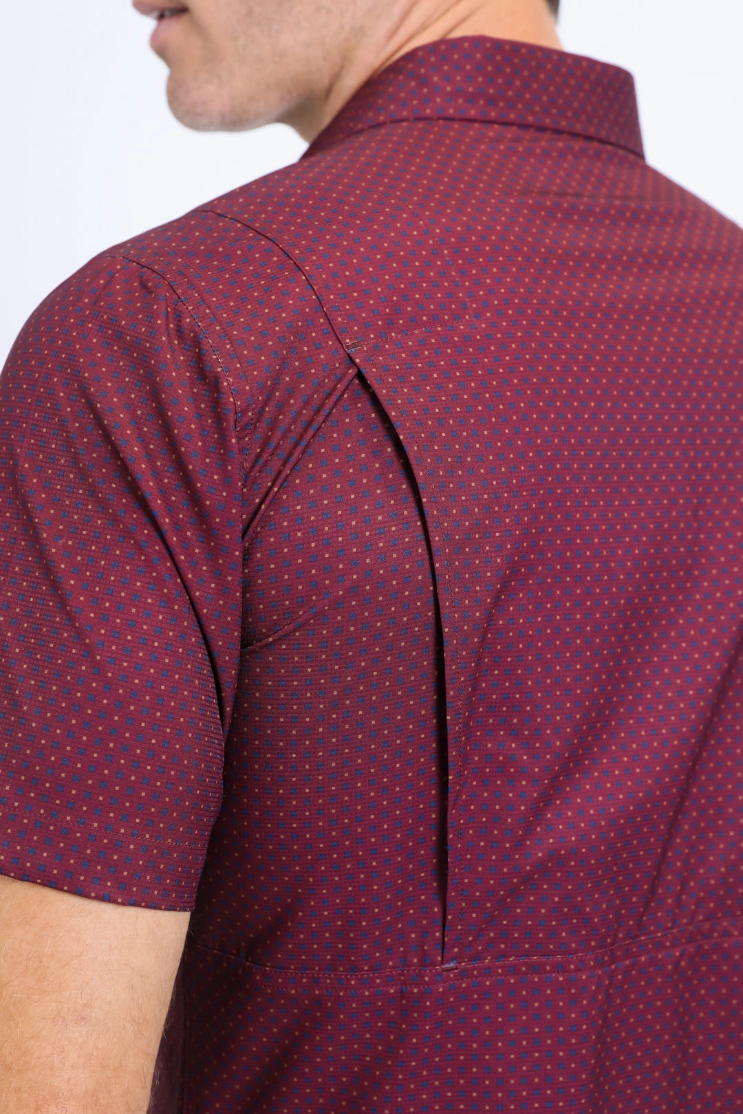 Mens Performance Western Short Sleeve Aztec Print Burgundy Shirt Ventilated Back Panel Edgy Design