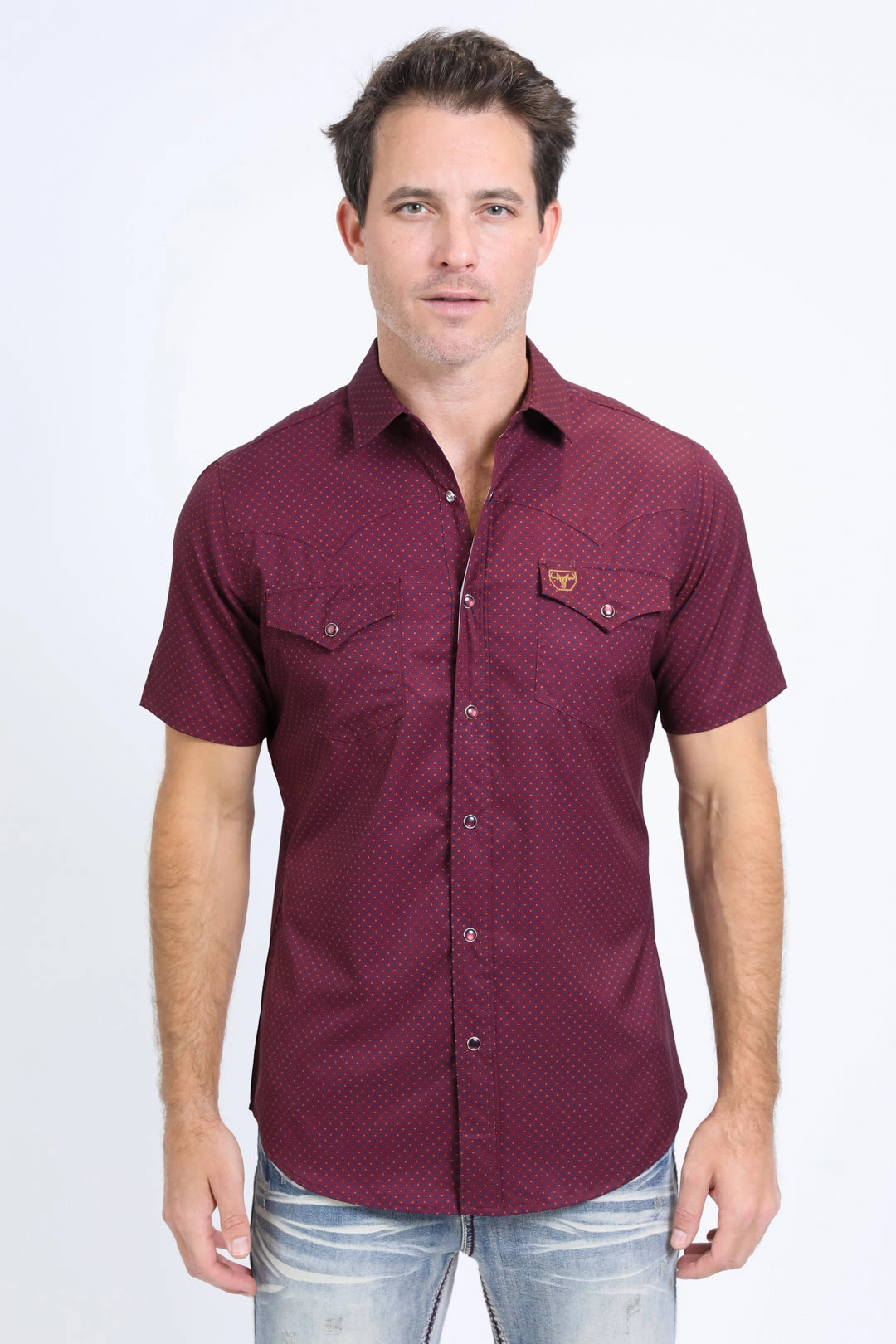 Mens Performance Western Short Sleeve Aztec Print Burgundy Shirt Geometric Print
