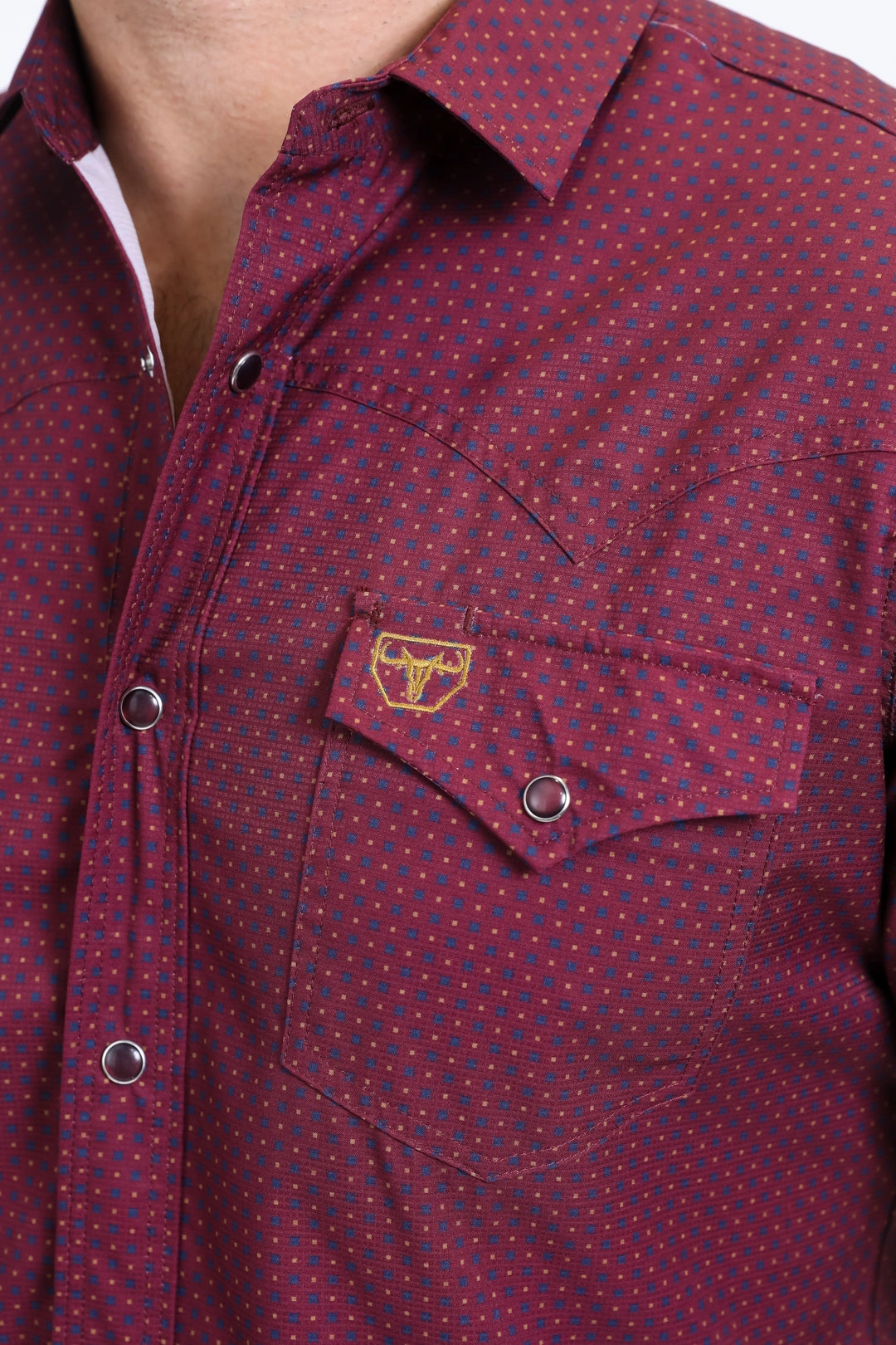 Adjustable Cuffs Mens Performance Western Short Sleeve Aztec Print Burgundy Shirt