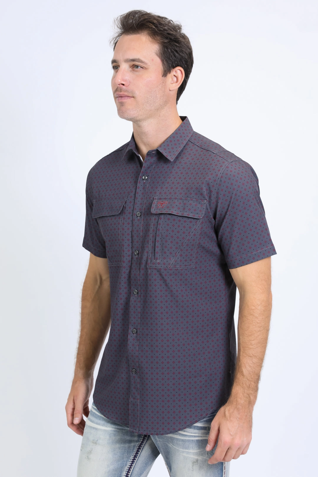 Breathable back panel Mens Performance Western Short Sleeve Aztec Print Charcoal Shirt
