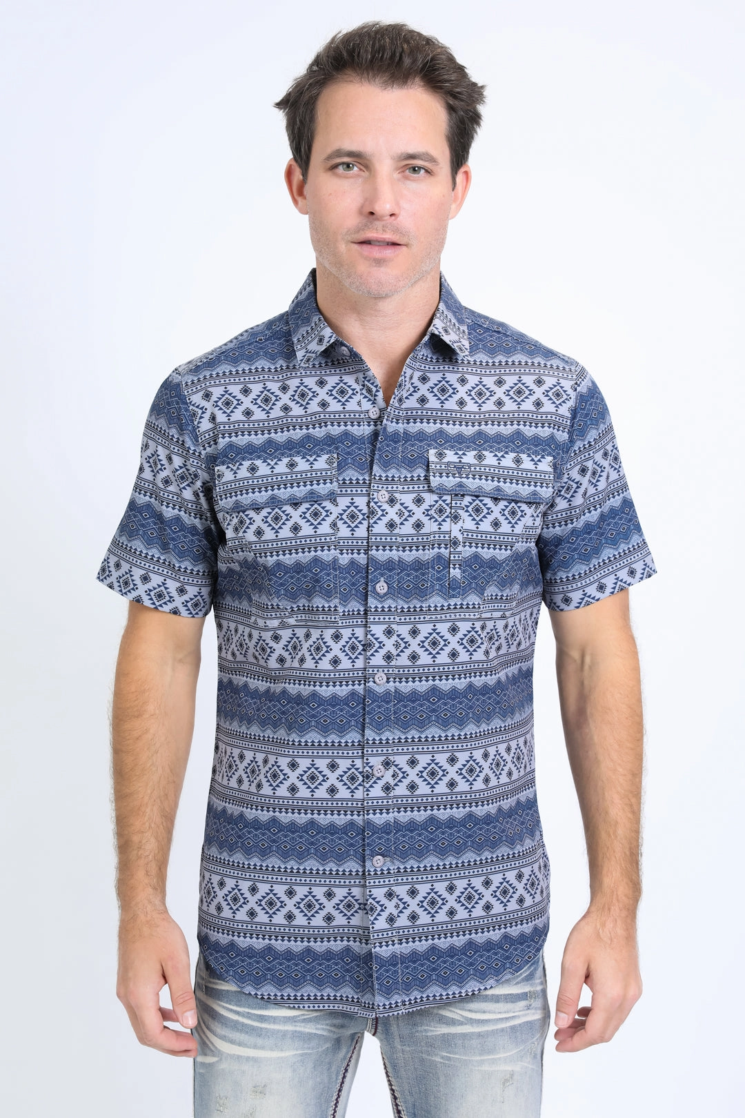 Preppy Vibe Abstract print Mens Performance Western Short Sleeve Aztec Print Grey Shirt