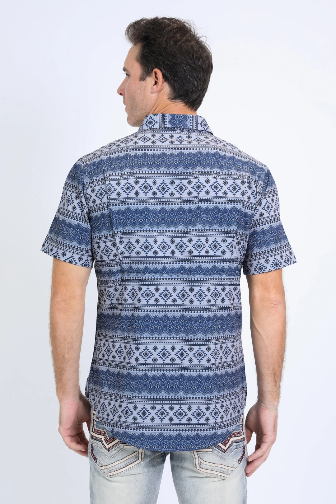 Mens Performance Western Short Sleeve Aztec Print Grey Shirt Pastel Shade Fashion Statement