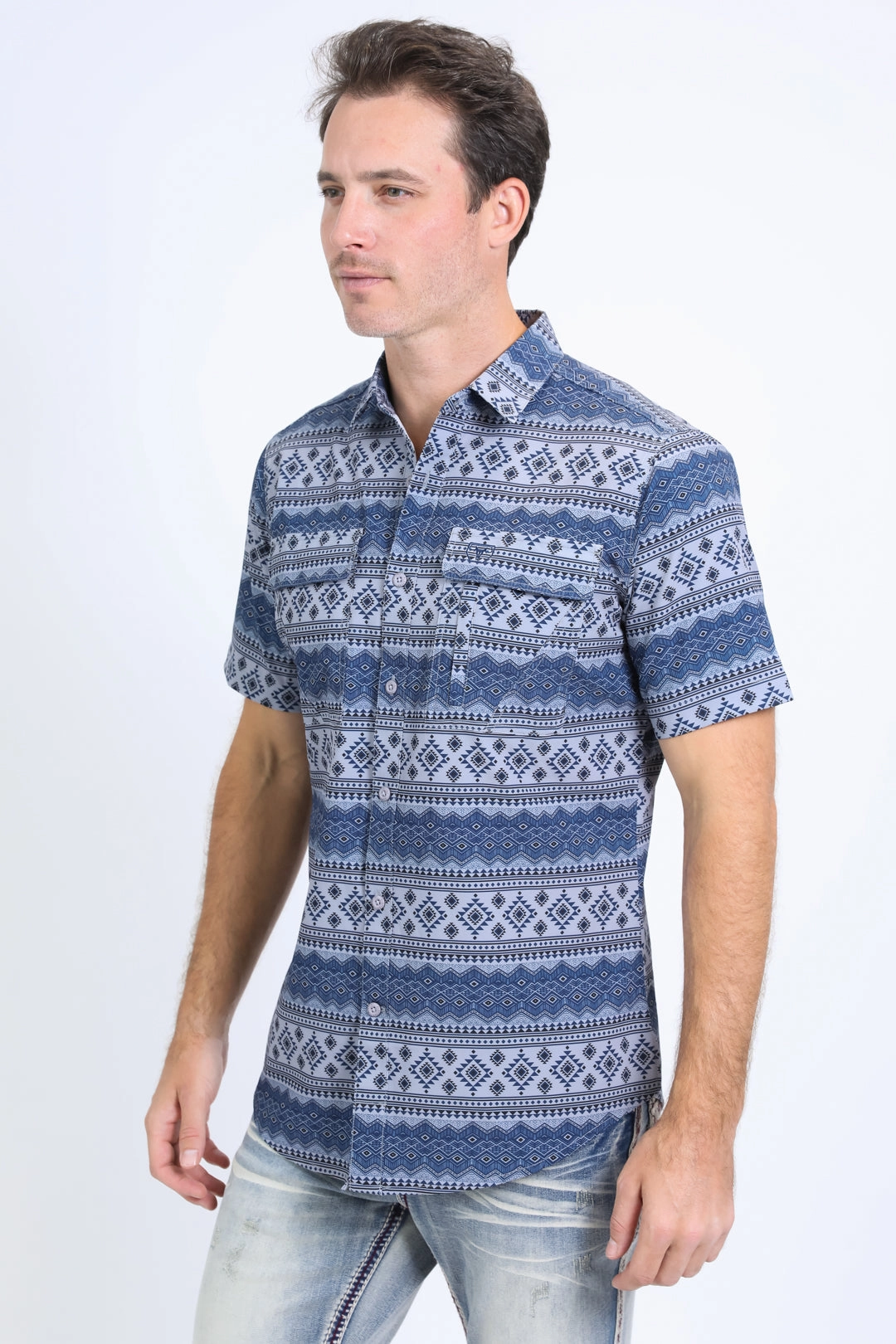 Athletic Cut Mens Performance Western Short Sleeve Aztec Print Grey Shirt
