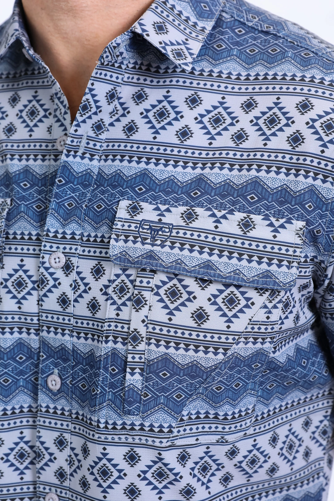 Mens Performance Western Short Sleeve Aztec Print Grey Shirt Shimmer Effect Smart Appearance