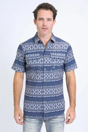 Preppy Vibe Abstract print Mens Performance Western Short Sleeve Aztec Print Grey Shirt
