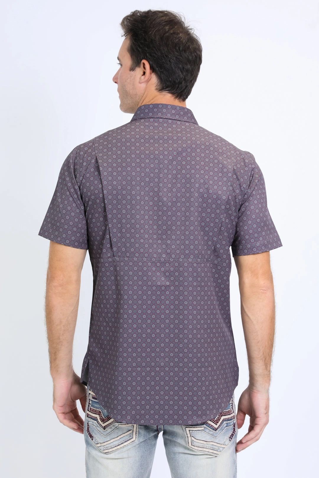 Mens Performance Western Short Sleeve Aztec Print Grey Shirt Chilly Day Wear tailored look