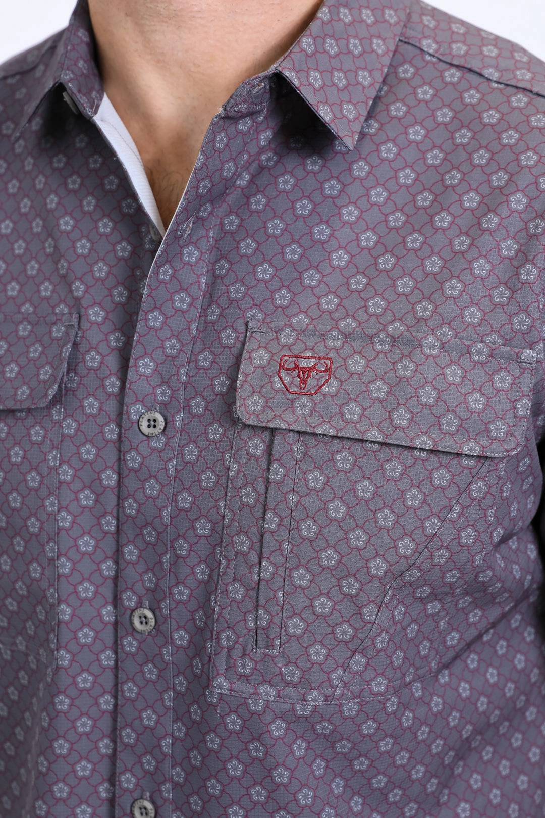 Anti Cling Fabric Reinforced Seams Mens Performance Western Short Sleeve Aztec Print Grey Shirt