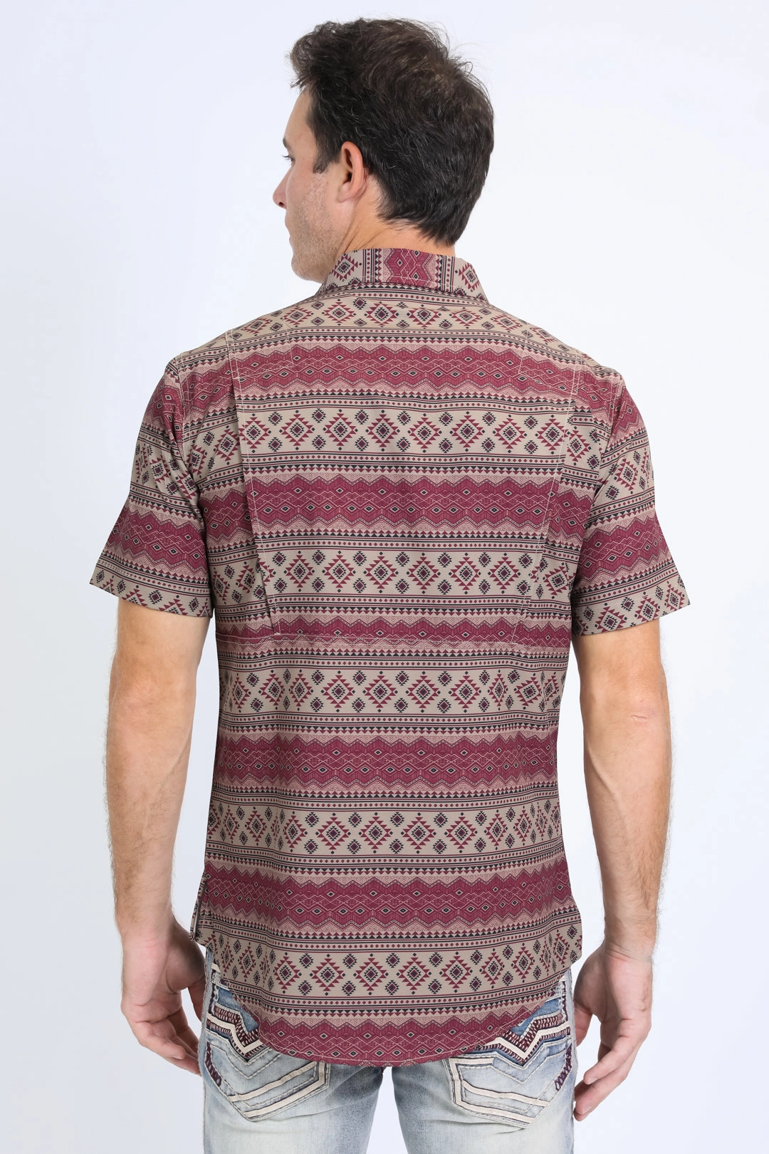 Smooth Seam Finish Elegant Finish Mens Performance Western Short Sleeve Aztec Print Khaki Shirt