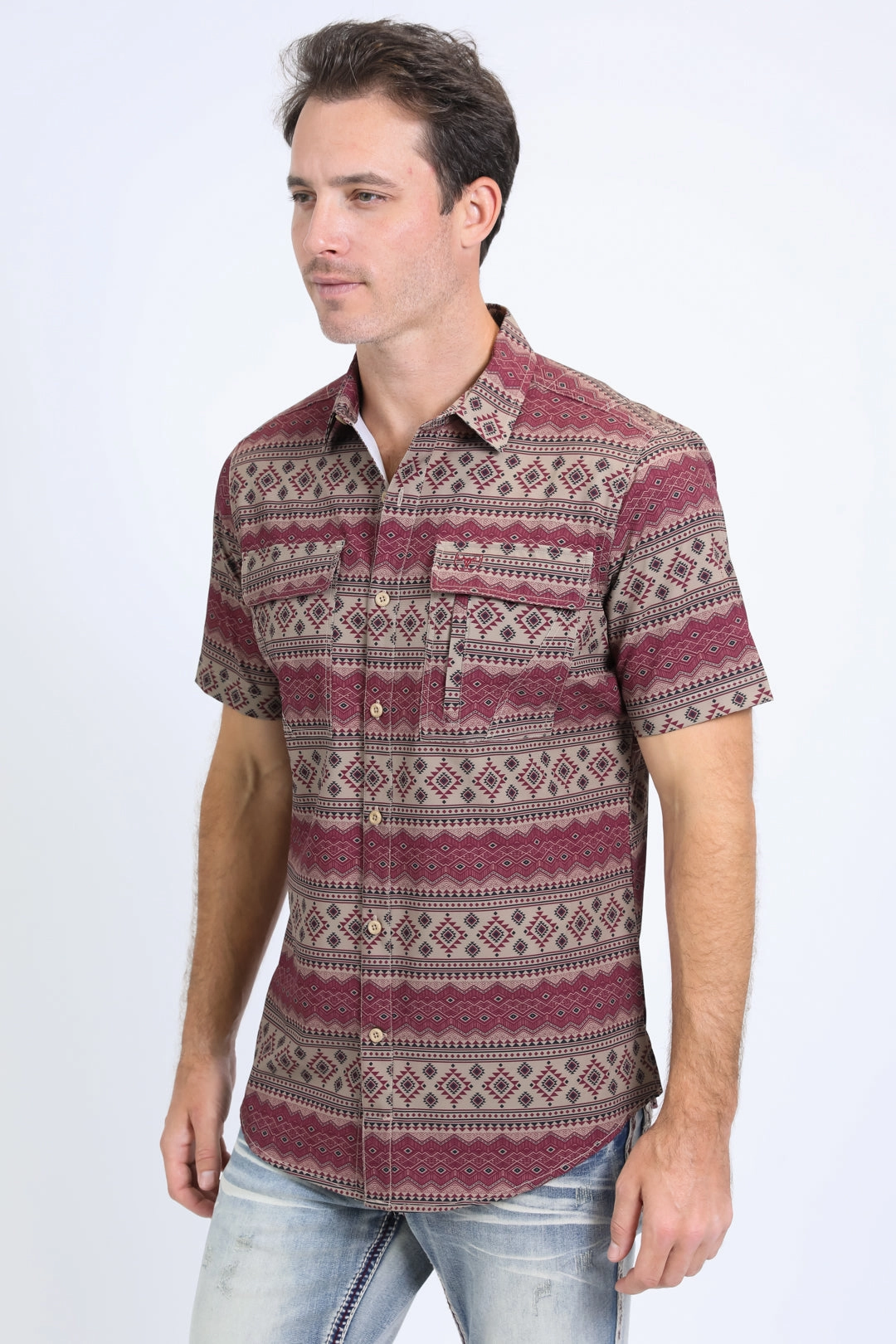 Lightweight Layers Mens Performance Western Short Sleeve Aztec Print Khaki Shirt
