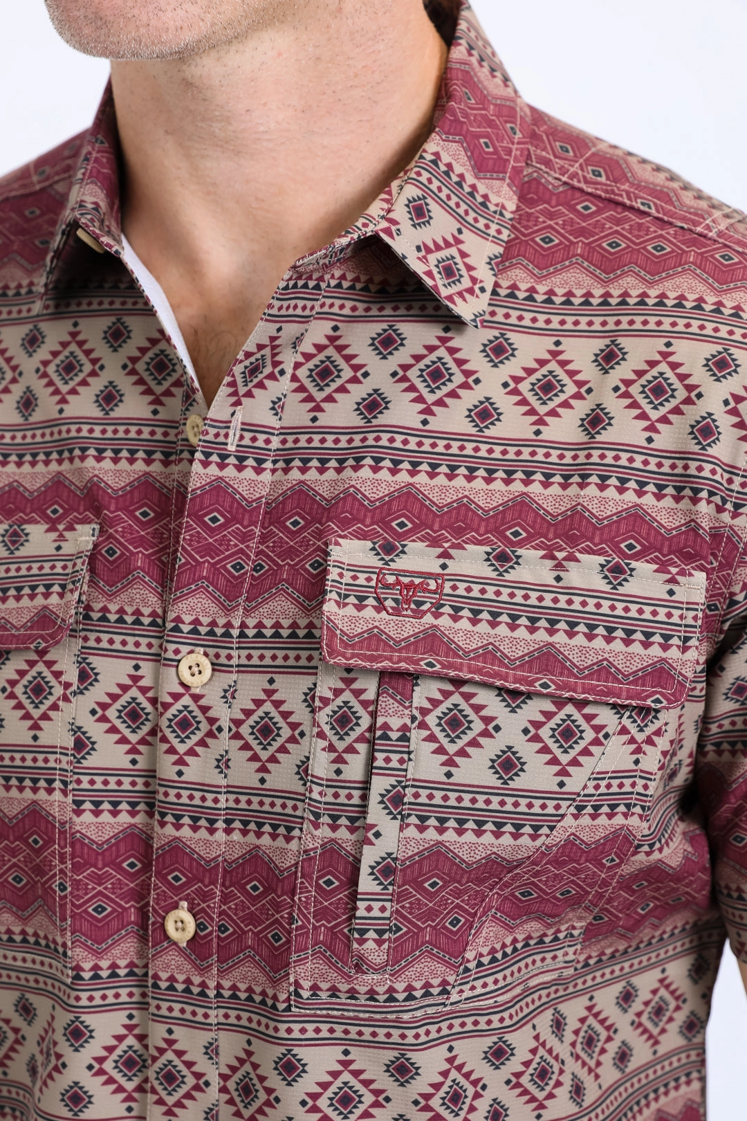 Relaxed Look Mens Performance Western Short Sleeve Aztec Print Khaki Shirt