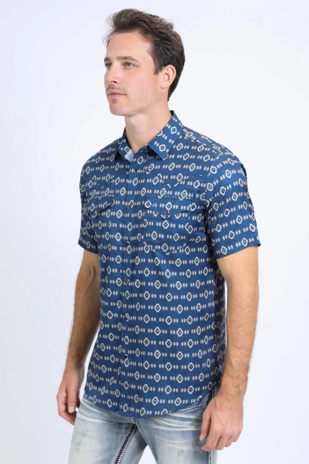 Chill Layer Mens Performance Western Short Sleeve Aztec Print Navy Shirt