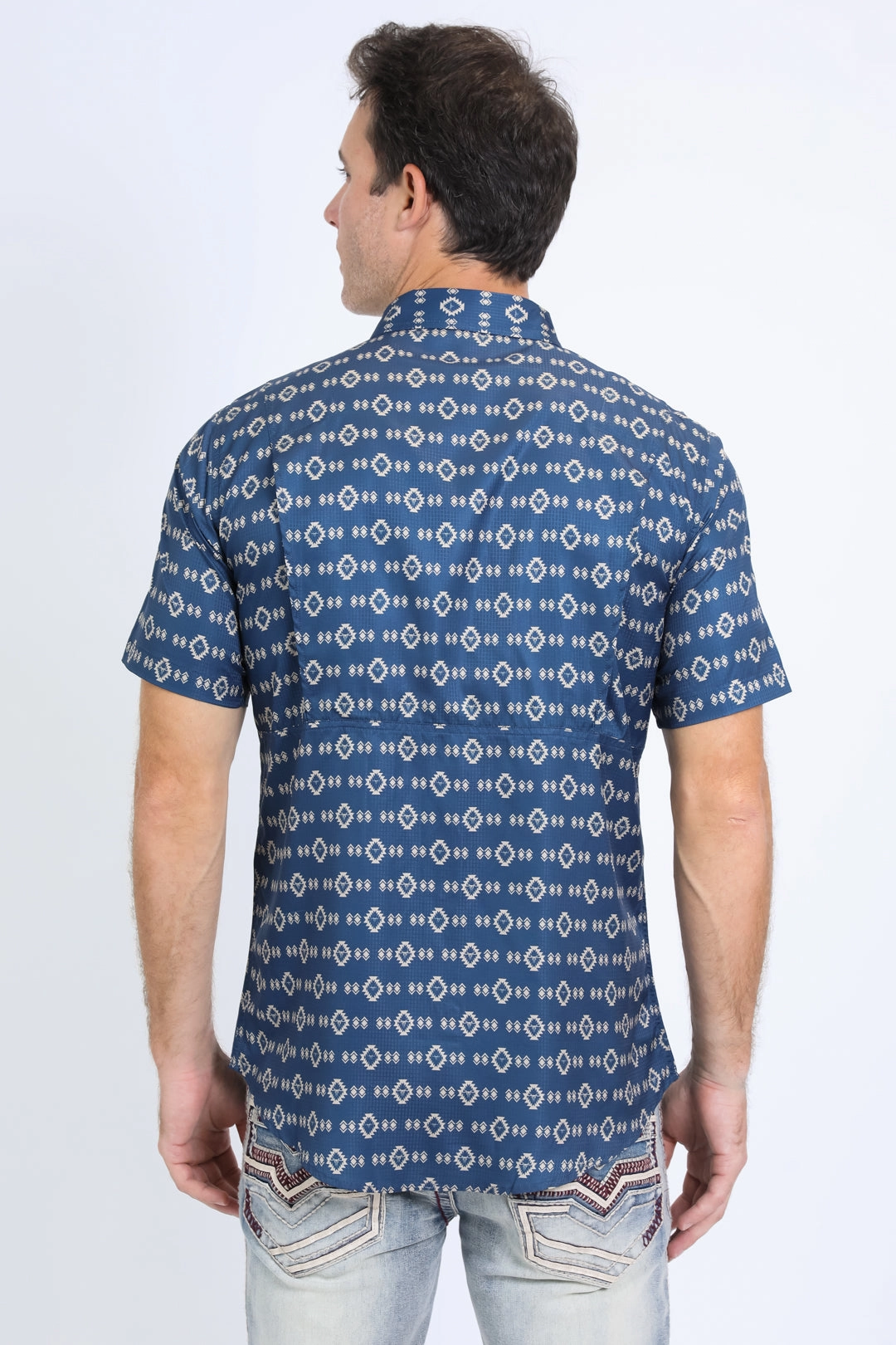 Mens Performance Western Short Sleeve Aztec Print Navy Shirt holiday season Fashion Layer