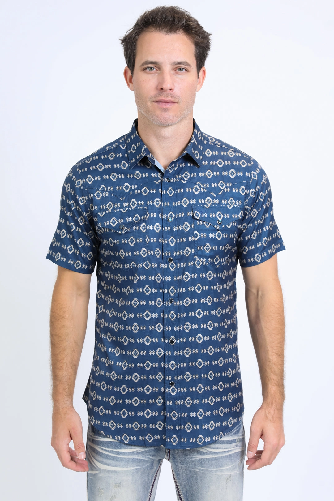 Mens Performance Western Short Sleeve Aztec Print Navy Shirt Artistic Design Everyday Comfort