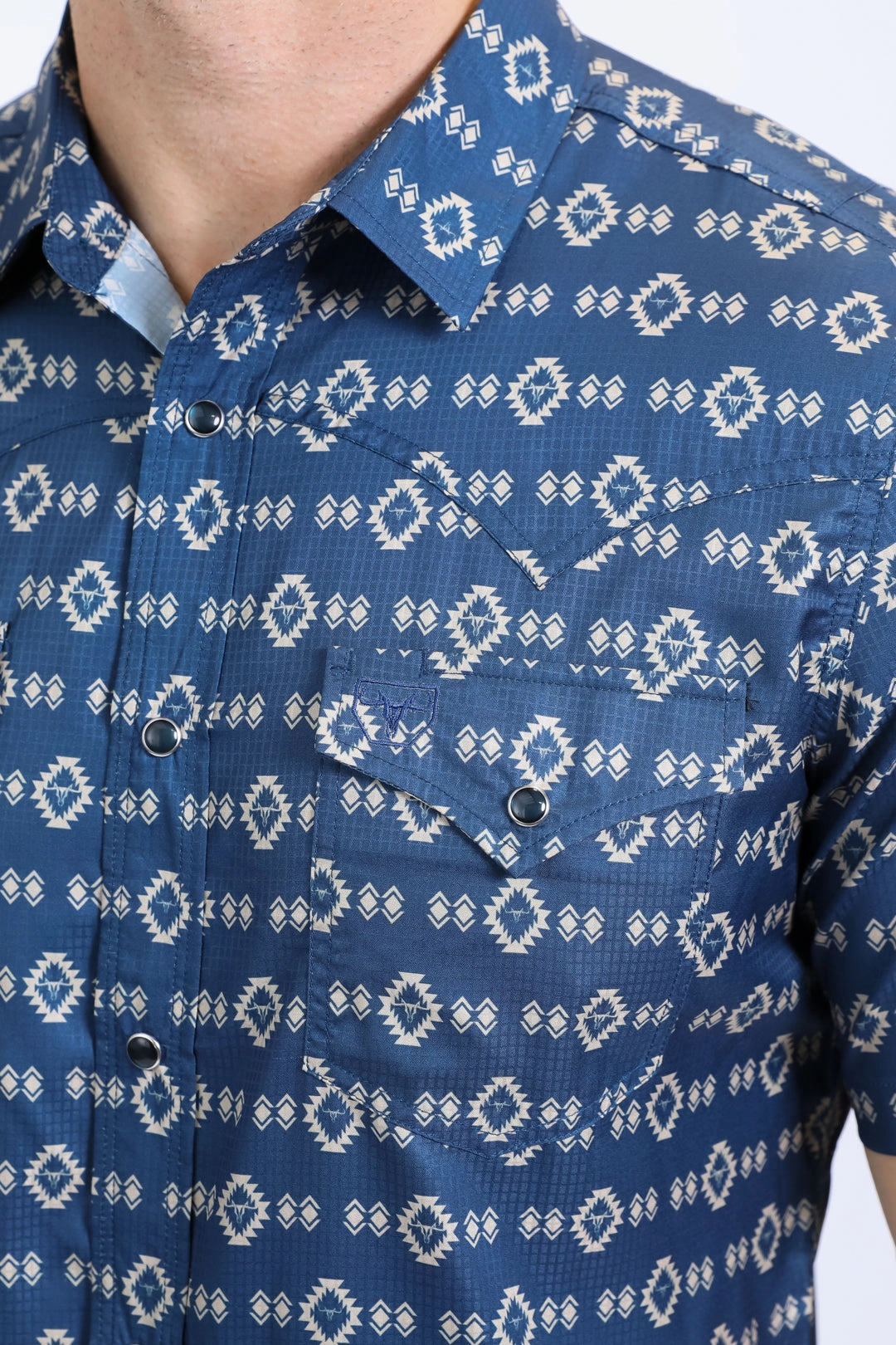 Mens Performance Western Short Sleeve Aztec Print Navy Shirt checkered pattern