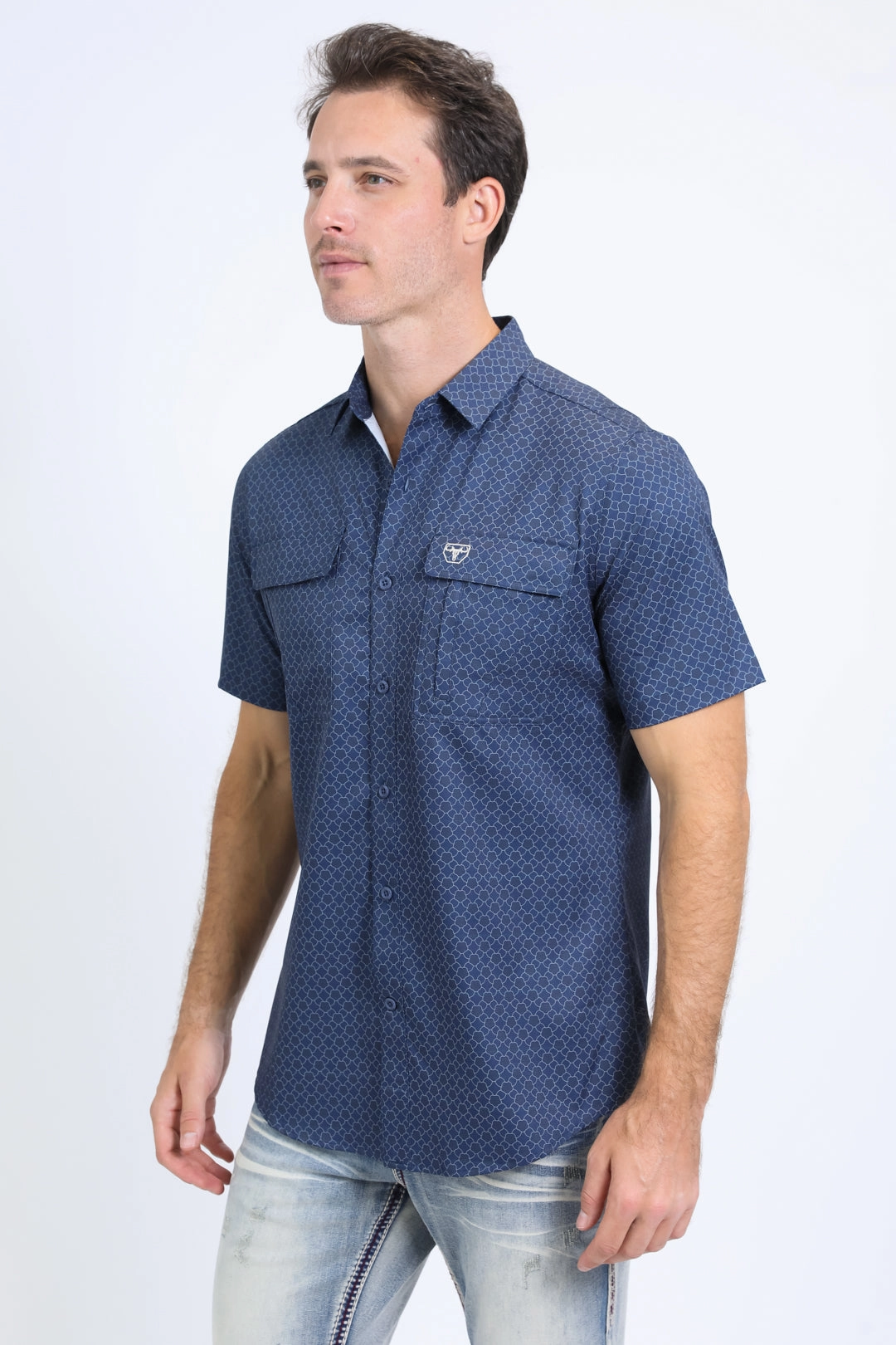 Mens Performance Western Short Sleeve Aztec Print Navy Shirt Snag Free Surface