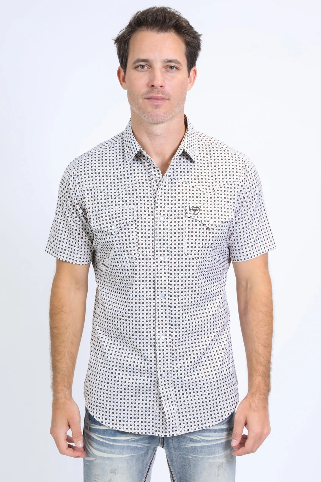 Mens Performance Western Short Sleeve Aztec Print White Shirt Outdoor Adventure