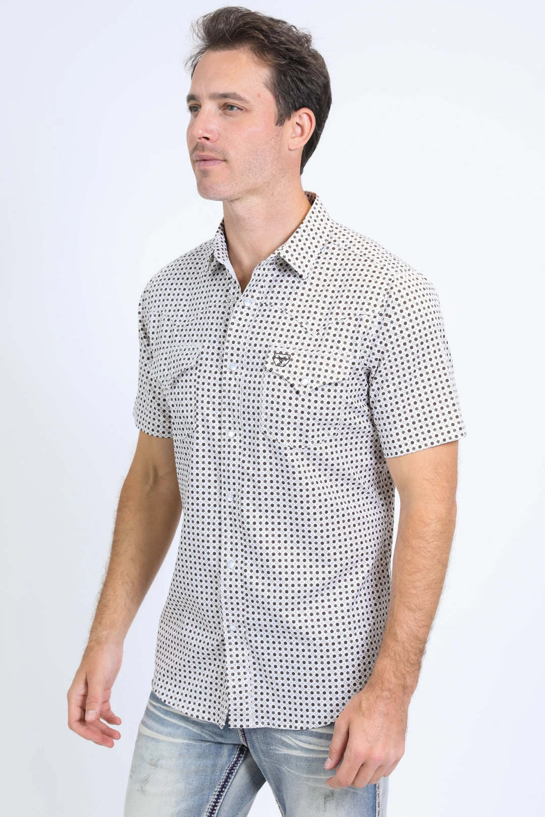 Mens Performance Western Short Sleeve Aztec Print White Shirt Stretchy Cloth