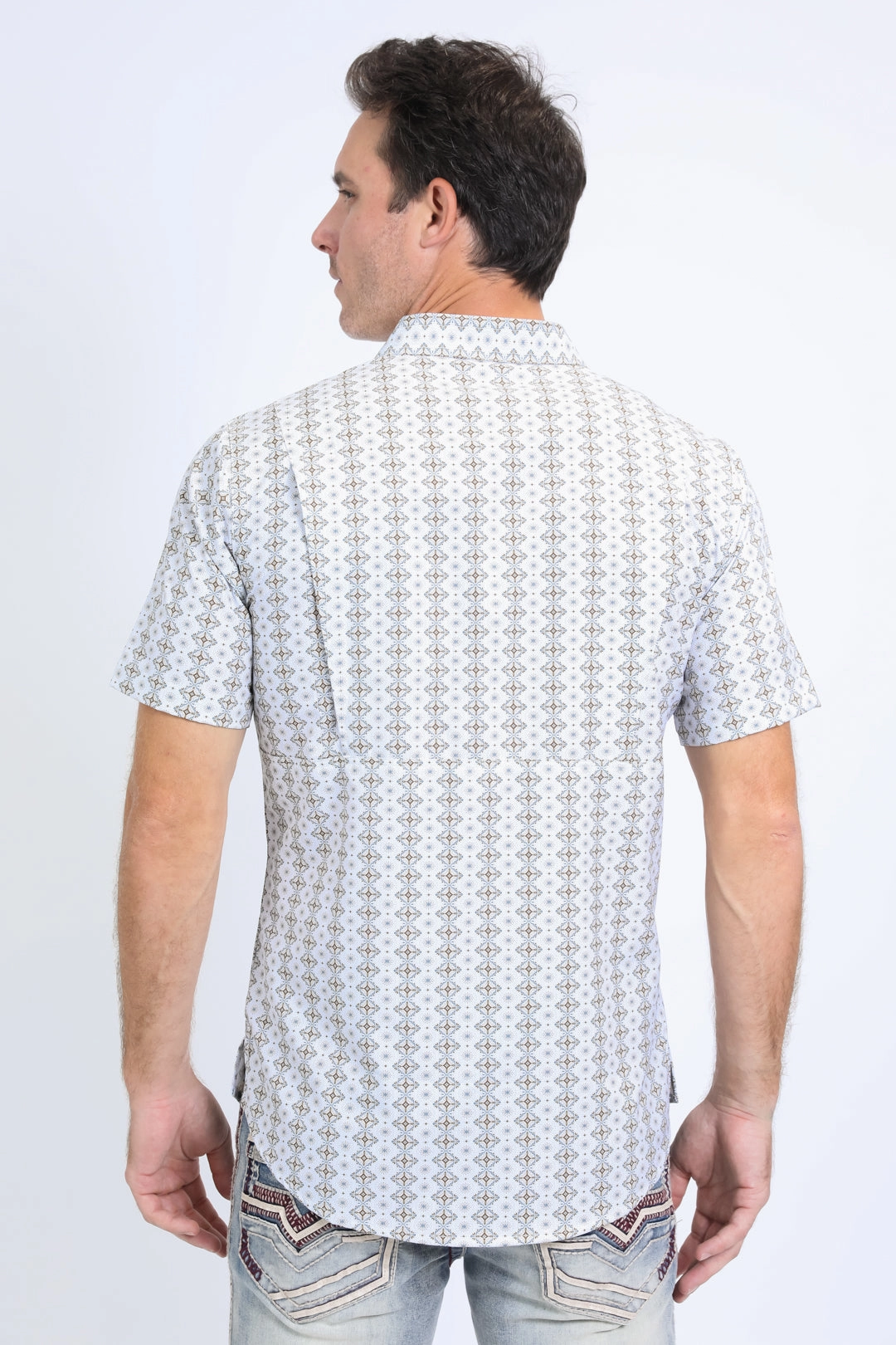 Mens Performance Western Short Sleeve Aztec Print White Shirt Snag Resistant Fabric Tailored Cut