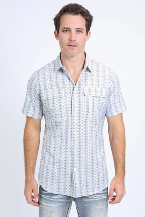 Mens Performance Western Short Sleeve Aztec Print White Shirt Fitted Silhouette