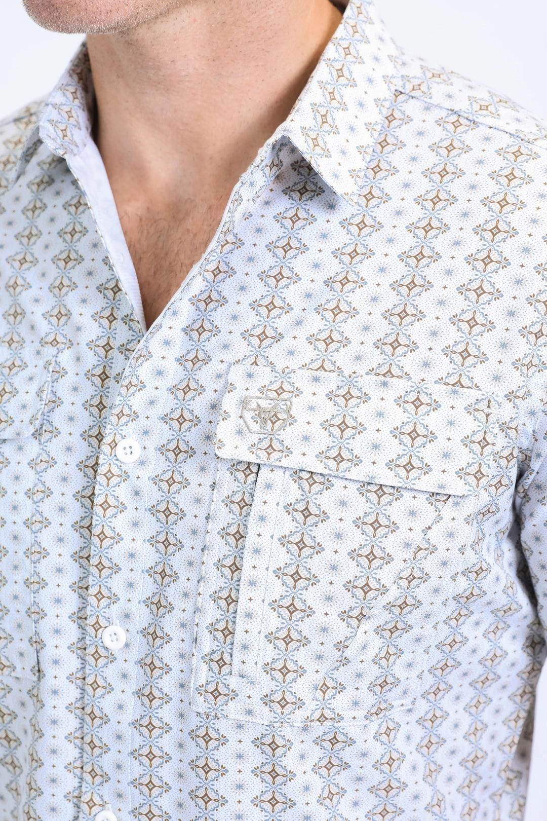 Button-up Mens Performance Western Short Sleeve Aztec Print White Shirt