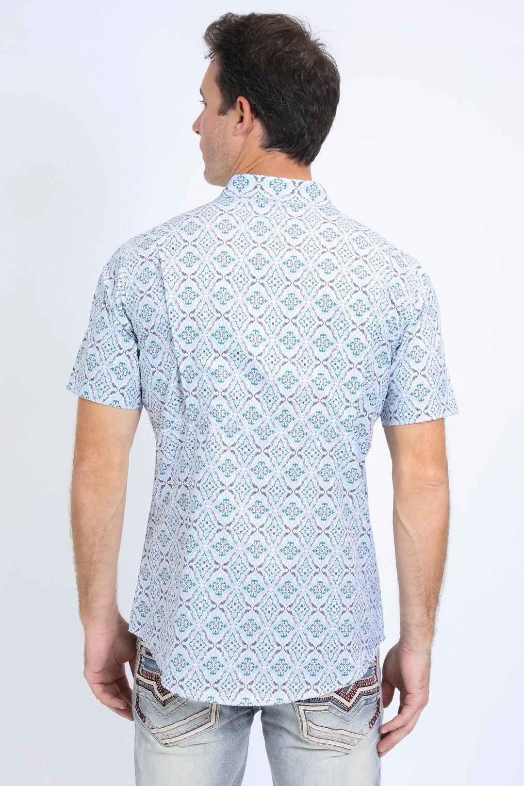 Mens Performance Western Short Sleeve Aztec Print White Shirt Non Iron