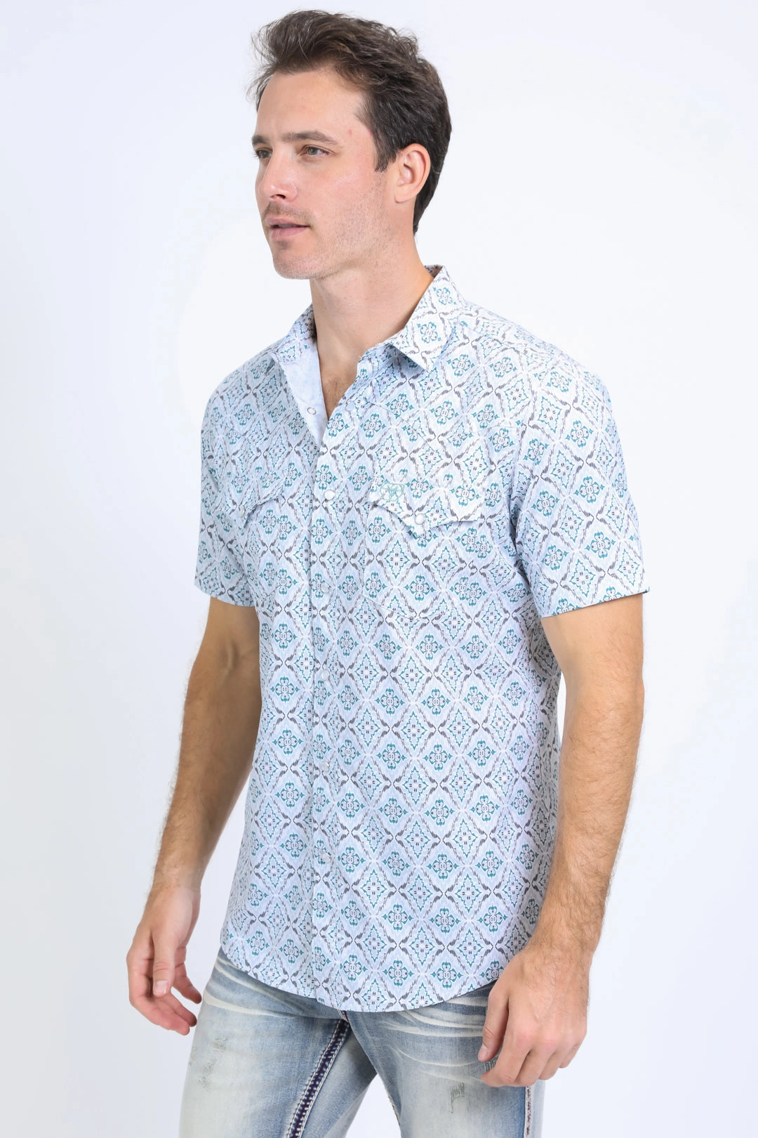 Mens Performance Western Short Sleeve Aztec Print White Shirt Simple Layer Spring Trend