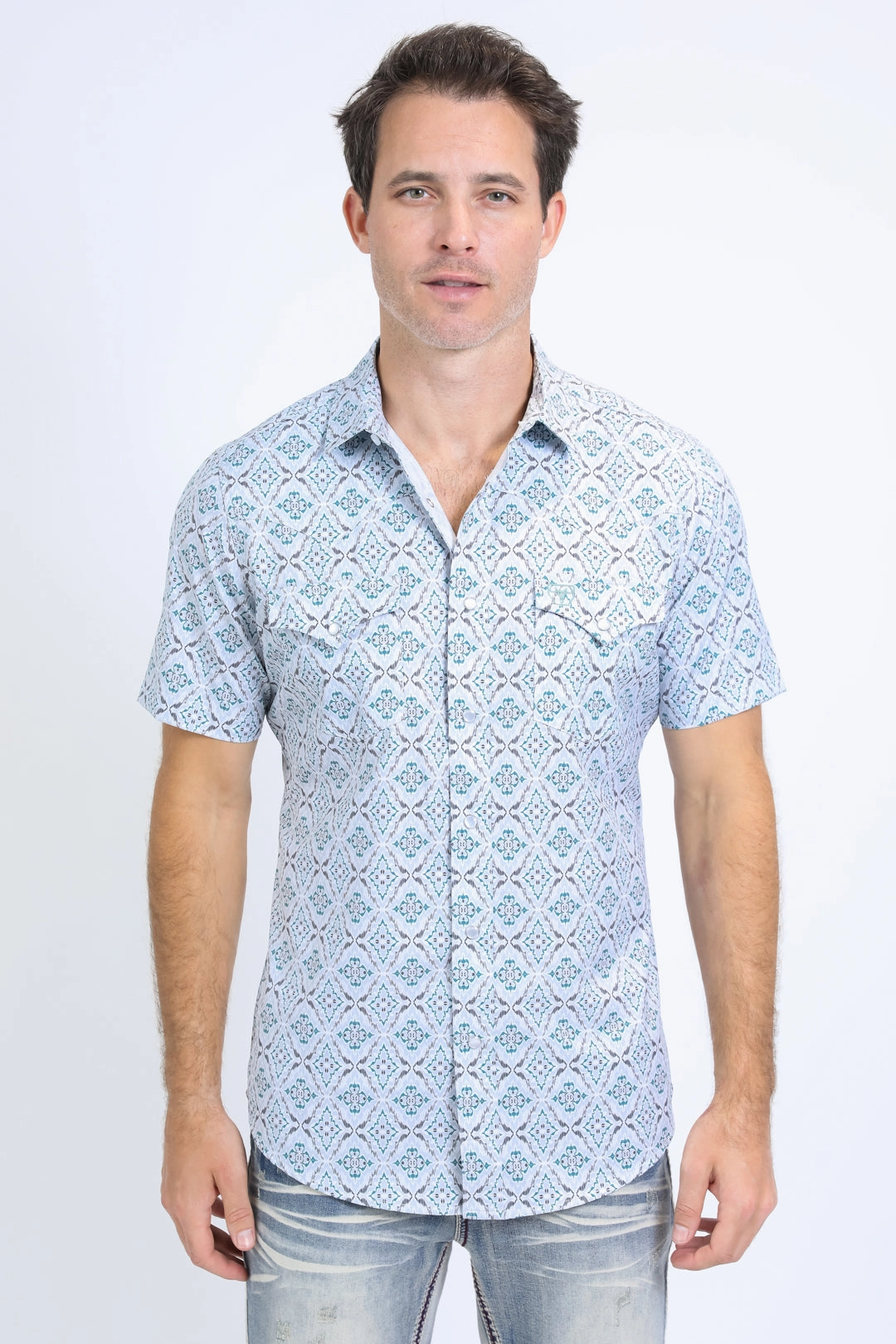 Chic Ensemble Double Stitched Seams Mens Performance Western Short Sleeve Aztec Print White Shirt