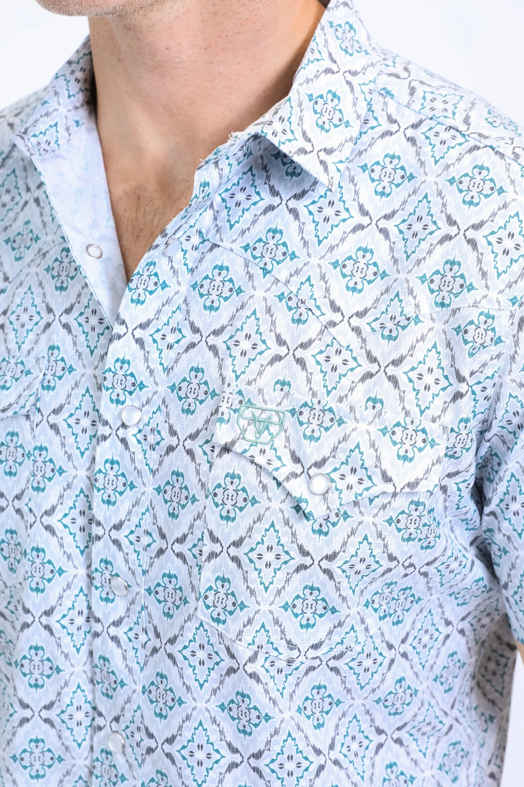 Mens Performance Western Short Sleeve Aztec Print White Shirt Trendy Wear