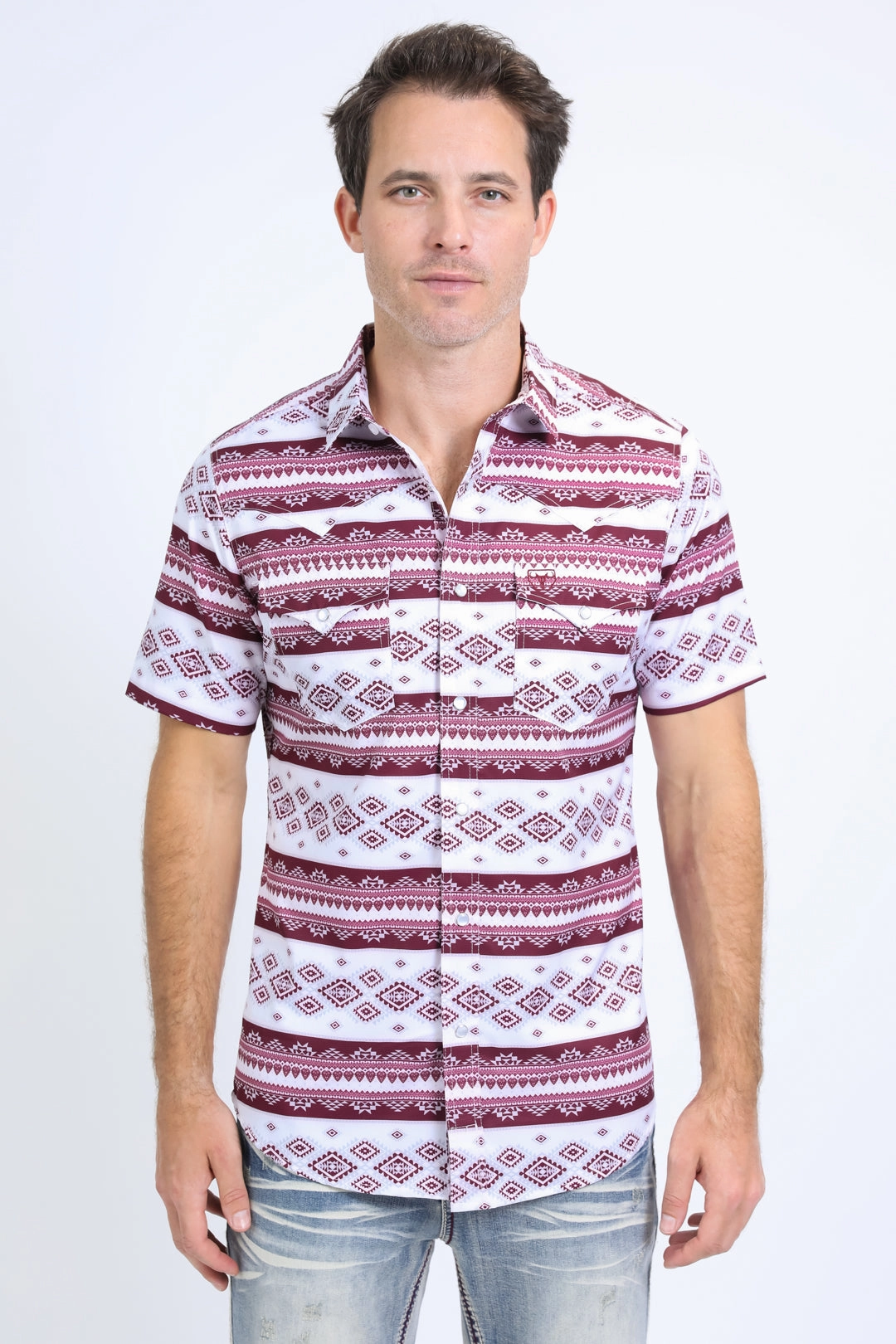 Mens Performance Western Short Sleeve Aztec Print White Shirt Sleeveless Cut